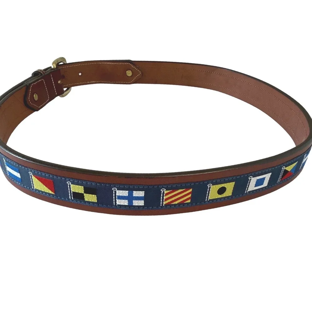 Tory Leather Mens Nautical Flag Belt 38 English Bridle Leather Brown USA 2531